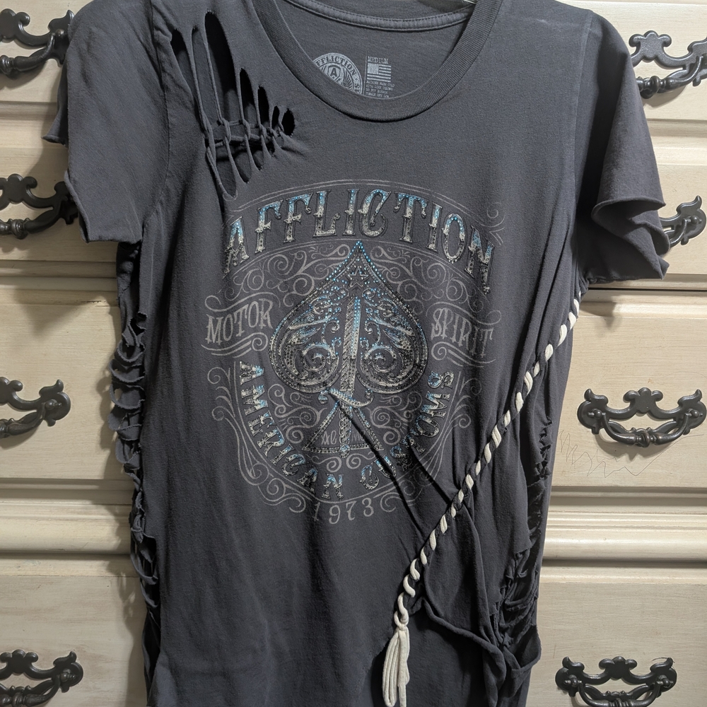 Affliction Black Cutout Ace Graphic Tee with Rope Detail